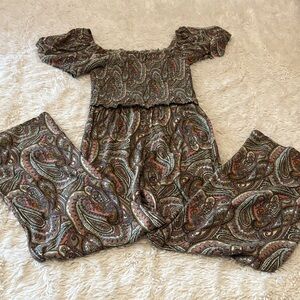 Off-Shoulder Paisley Jumpsuit in Olive color size 7/8